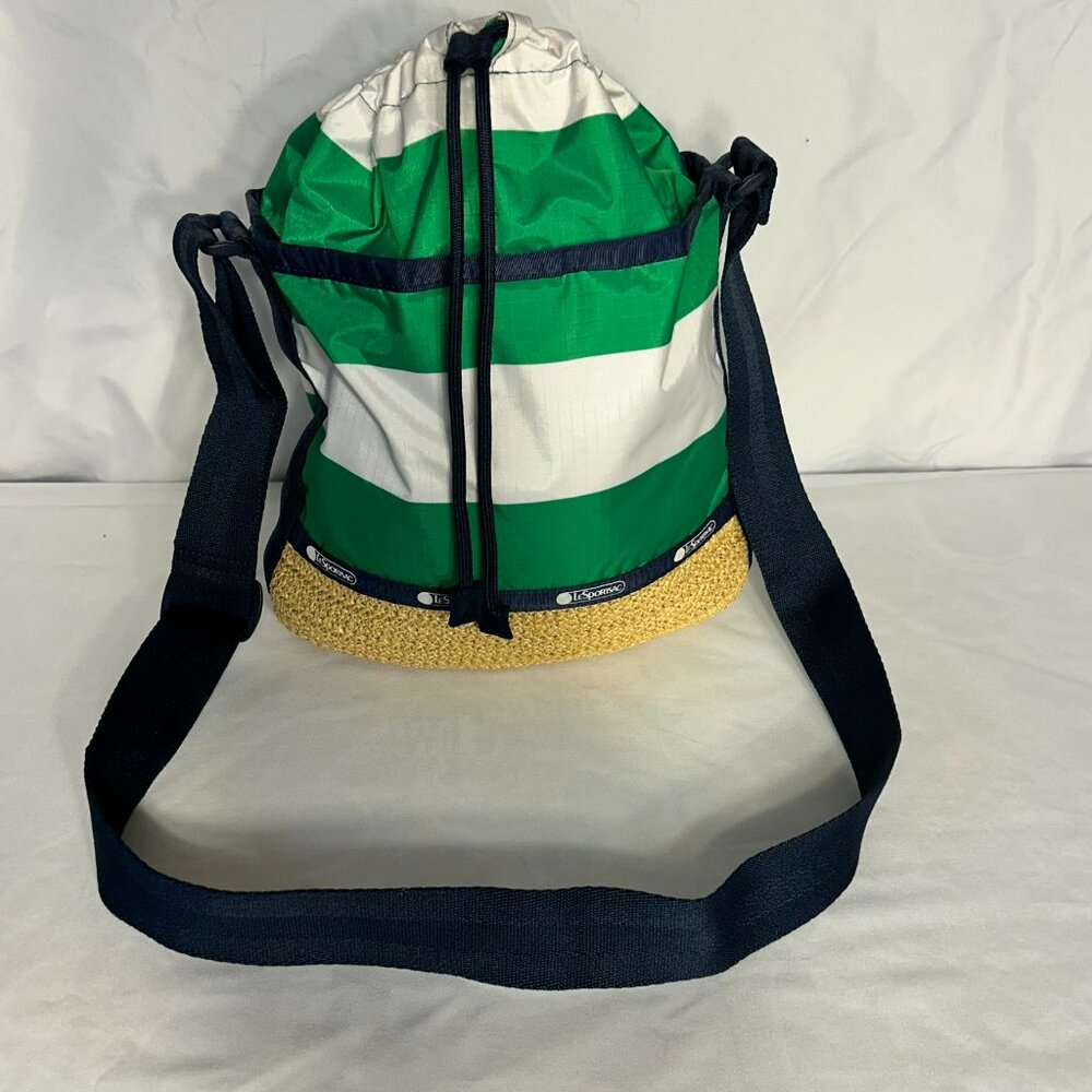 le sport sac green and white striped purse with drawstring